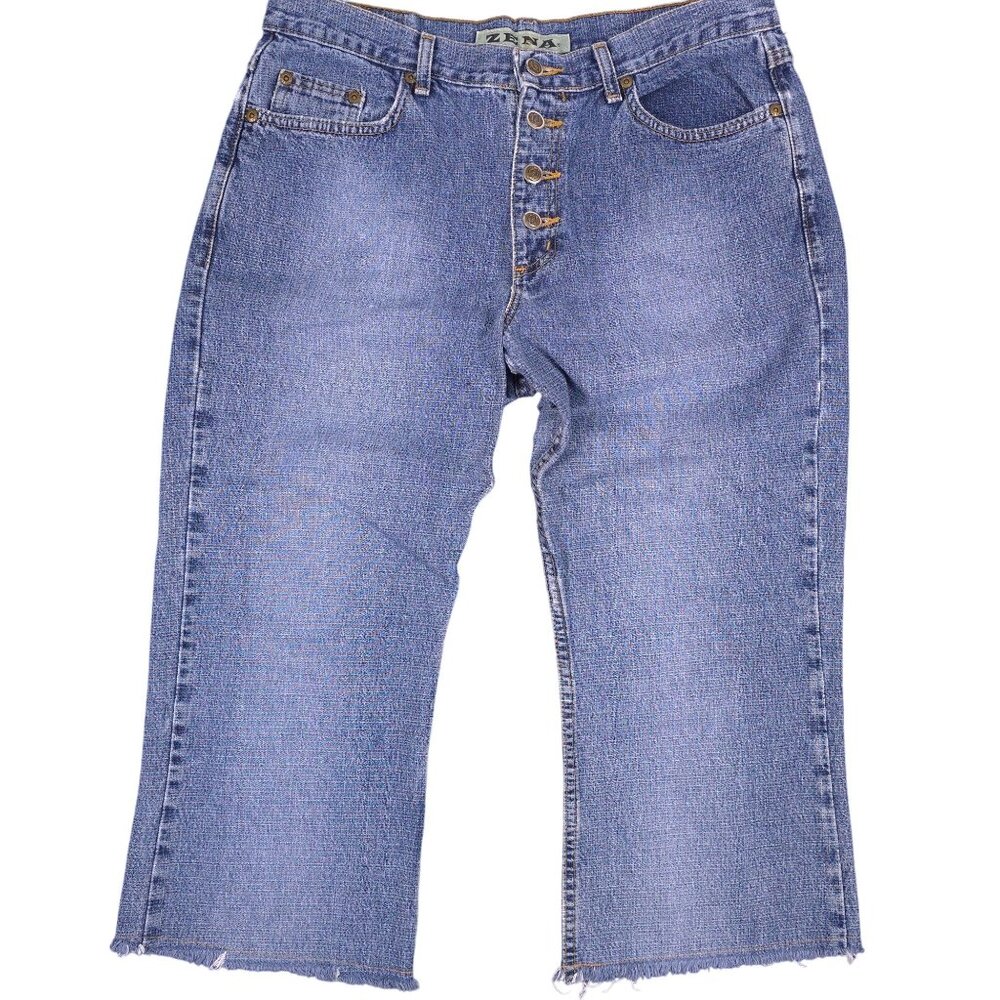 VTG 90's Zena Womens High-Waisted cutoff capri Button-Fly Blue Denim Jeans Sz 14